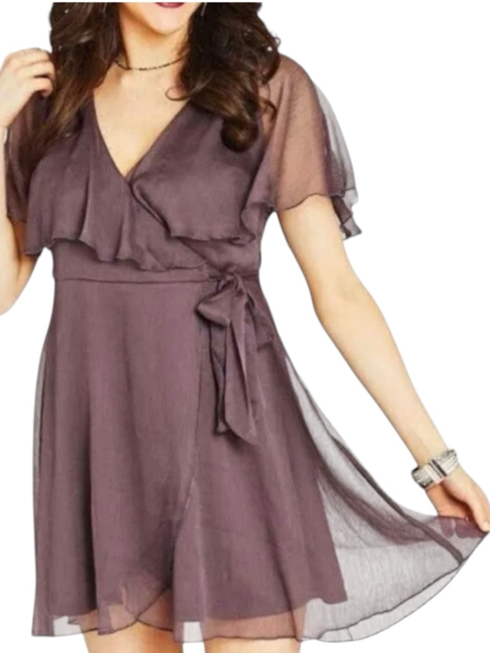 Altar'd State Natalina plum wrap around plum chiffon mini dress Sz L Boho